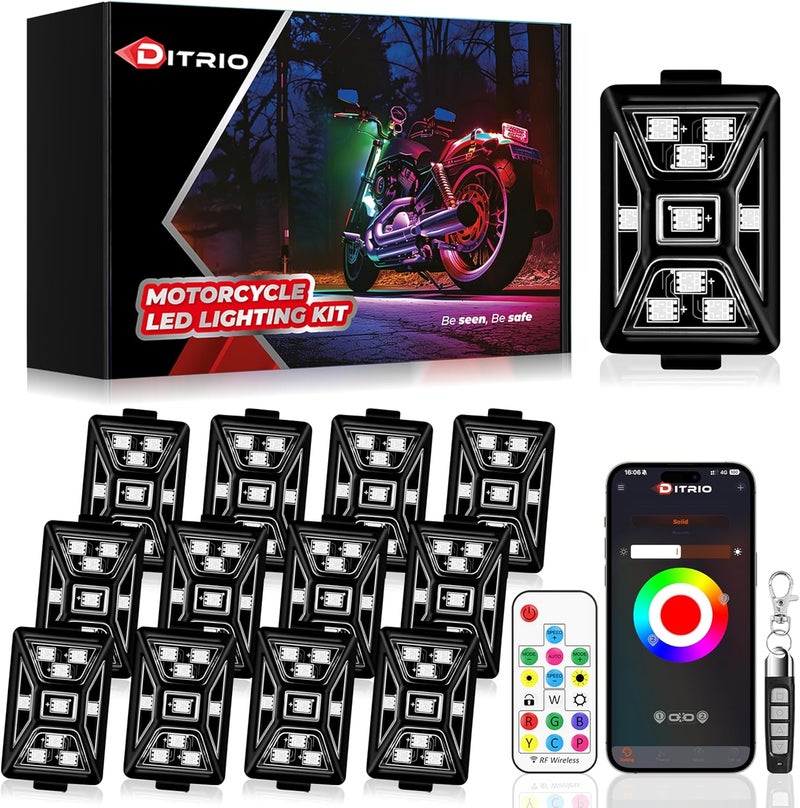 DITRIO 12PCS 5 Sides Full Angle RGB Motorcycle LED Underglow Kit with APP and 2 Remote Control,Brake Light Bright Waterproof Music Mode Easy Install Underglow Lights, Fit for Most Motorcycles Scooter - Image 1